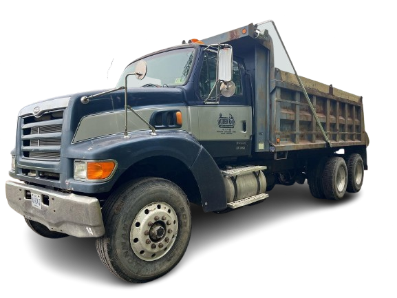 Blue dump truck on a white background, angled front view.