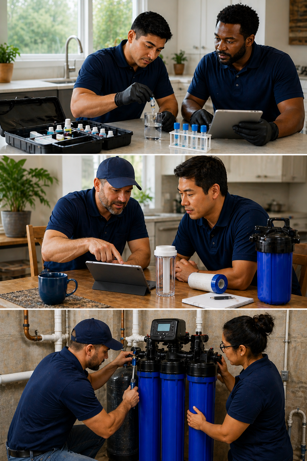 Two people assemble blue water filters at a table in a workshop