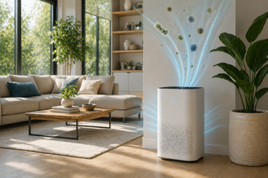 Modern living room with beige sofa, wooden coffee table, plants, and a white air purifier with blue light spray