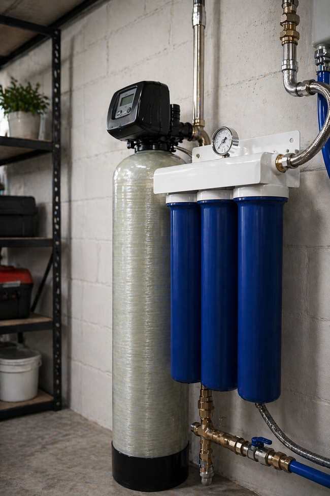 Water softener and filter system with blue canisters in a utility room