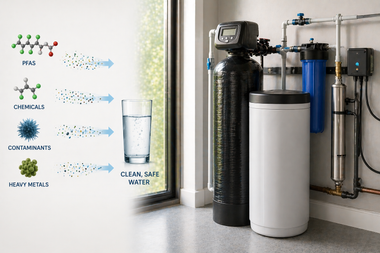 Home water filtration system beside labeled contaminants-to-clean-water diagram