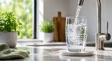 Water pouring into a clear glass beside a kitchen sink, with potted plants on a bright counter.