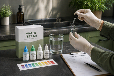 Person testing water in a lab with test kit bottles, color chart, and notebook on a counter