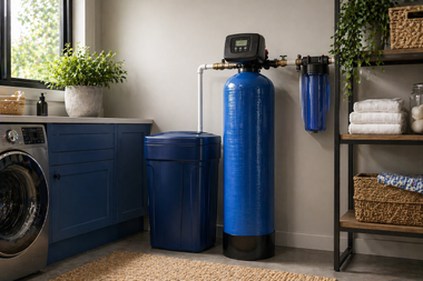 Laundry room with blue water softener tanks beside a washer and shelves of towels and baskets