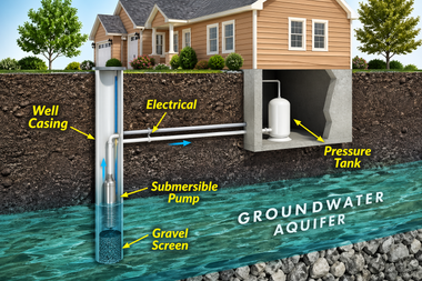 Diagram of a home well system with pump, casing, pressure tank, and groundwater aquifer labels