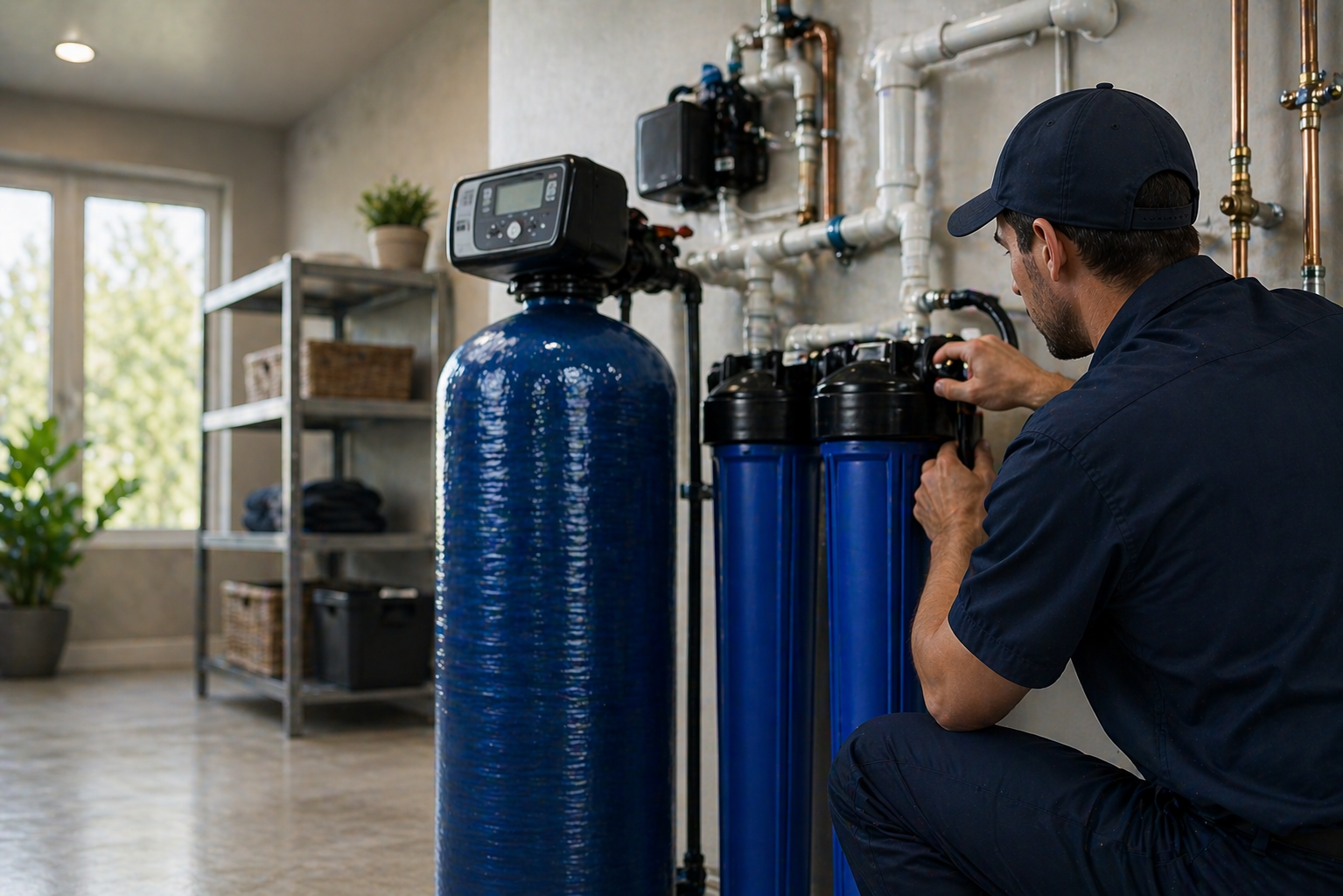 Technician inspecting blue water filtration tanks in a home utility room