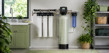 Water filtration system with multiple white canisters under a kitchen sink, beside a potted plant and woven basket.