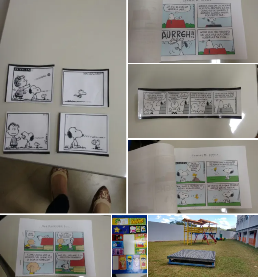 Uma colagem de histórias em quadrinhos do Snoopy, incluindo uma que diz