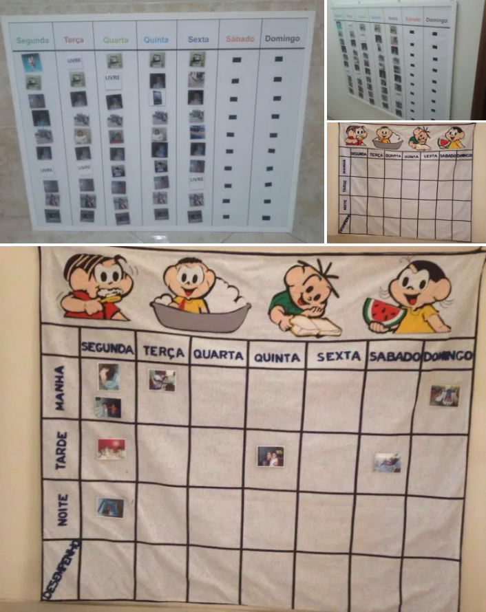 Um calendário com personagens de desenhos animados mostra os dias da semana