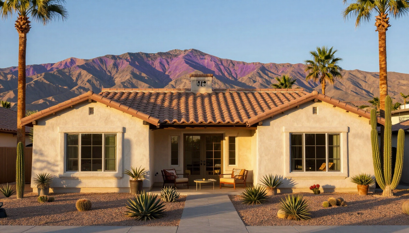 Single-story home with desert landscaping and mountain views in the Coachella Valley.