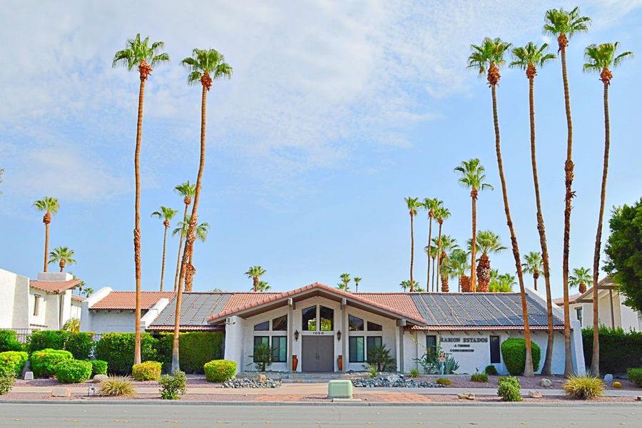 White single-story suburban house with gray roof, green lawn, and palm trees under a blue sky
