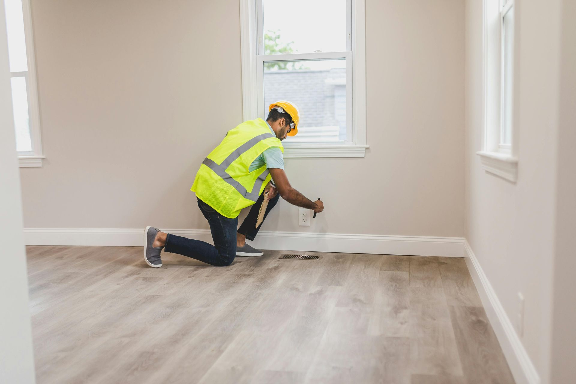 Person kneeling, inspecting a baseboard in a room, wearing a hard hat and safety vest.