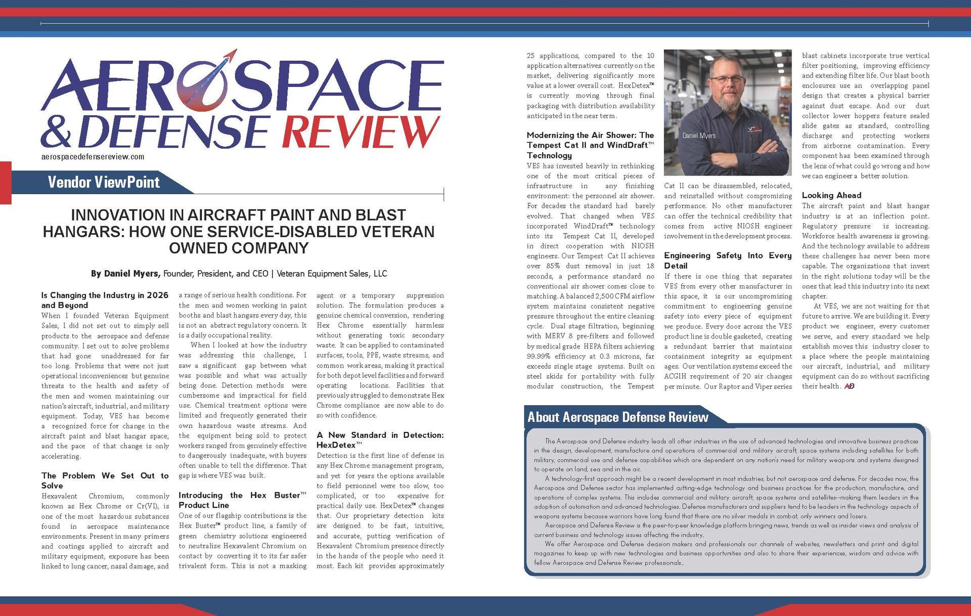 Aerospace & Defense Review article featuring Veteran Equipment Sales and innovation in aircraft paint and blast hangars.