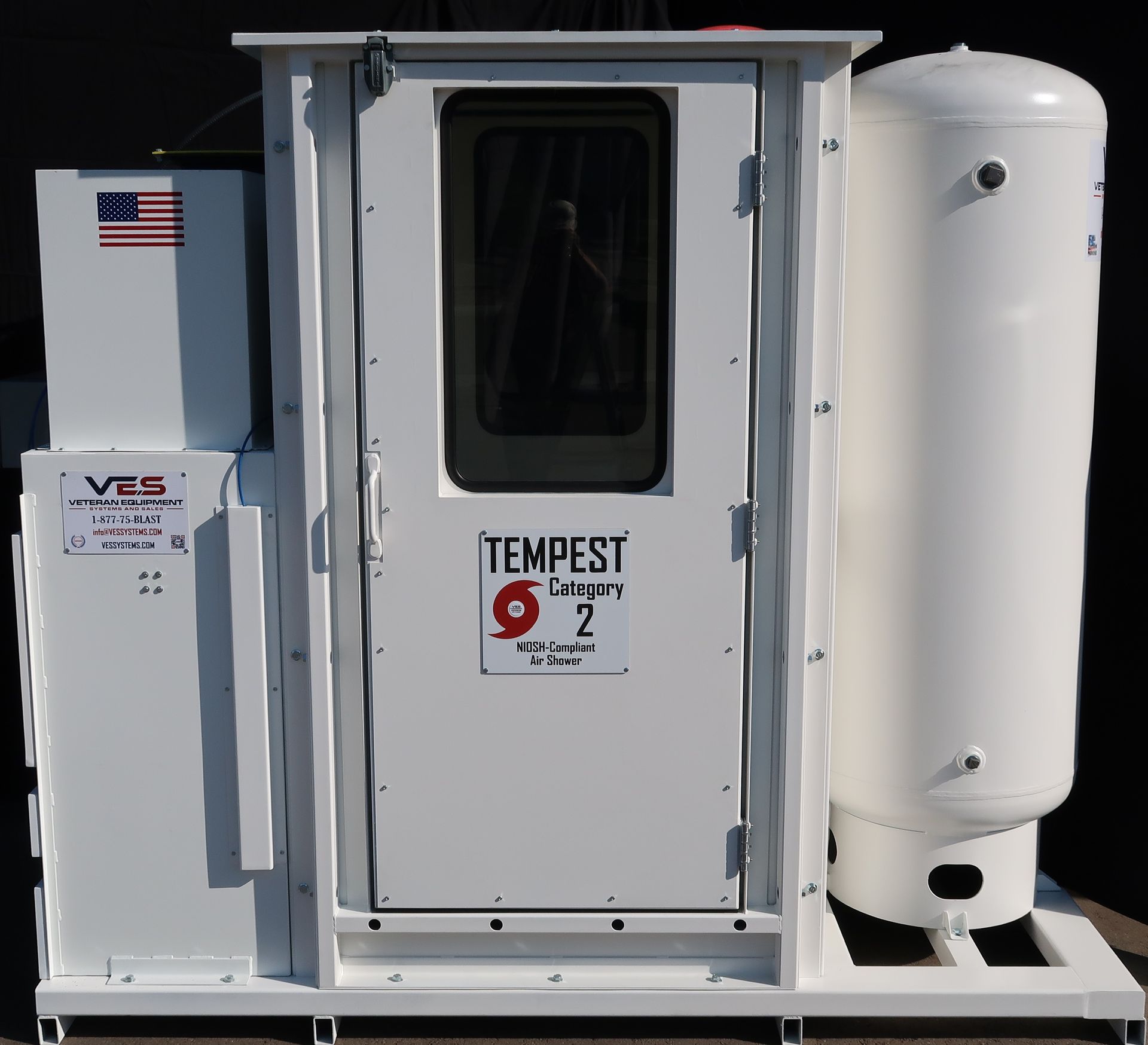 VES Tempest air shower system with front access door and equipment controls