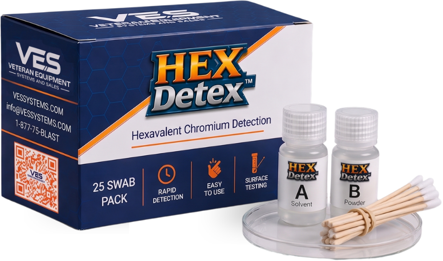 Hex Detex product image with 2 bottles on a dish with a bundle of cotton swabs with a rubber band around them.
