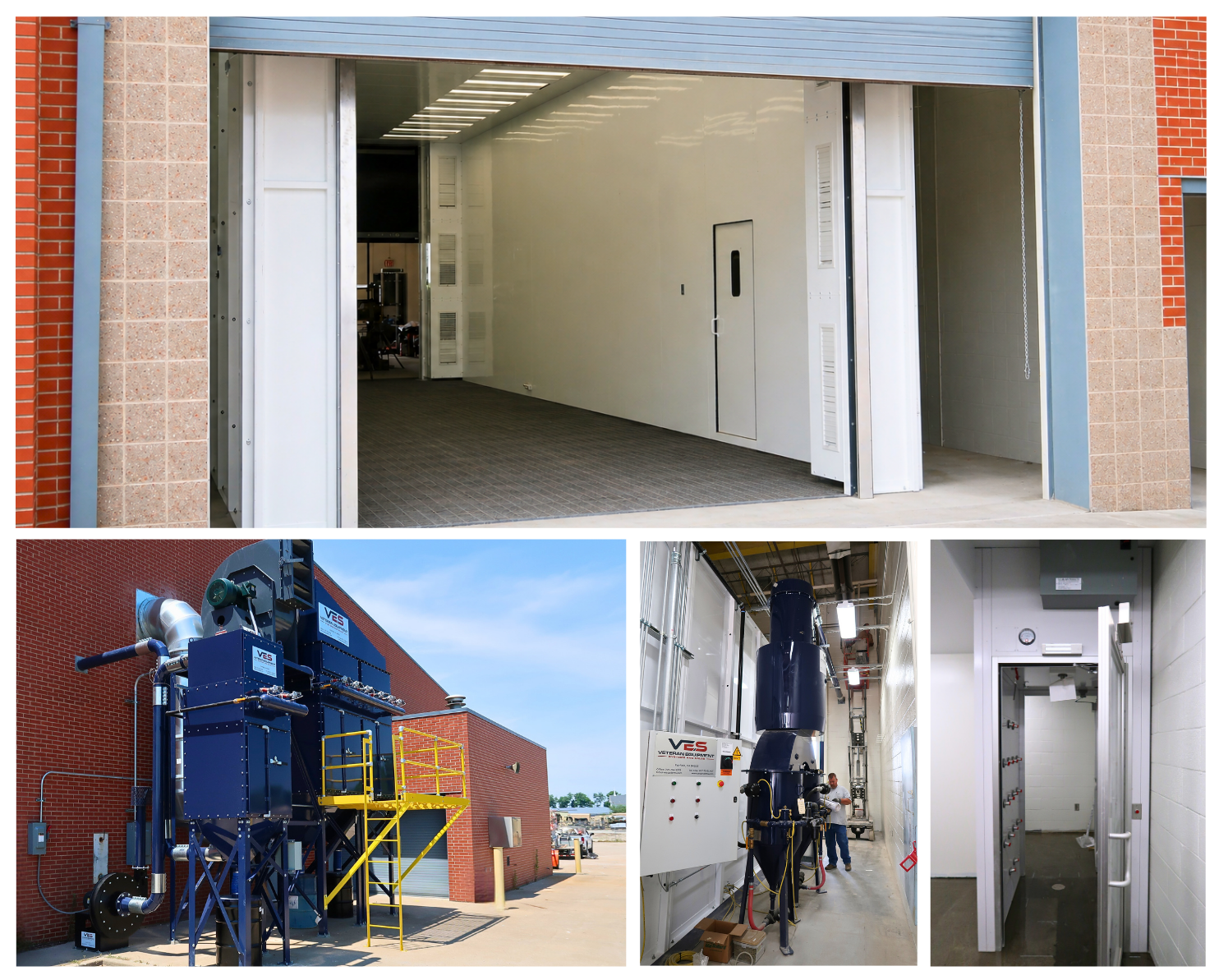 VES blast booth interior with floor recovery, dust collector, and abrasive reclaim equipment