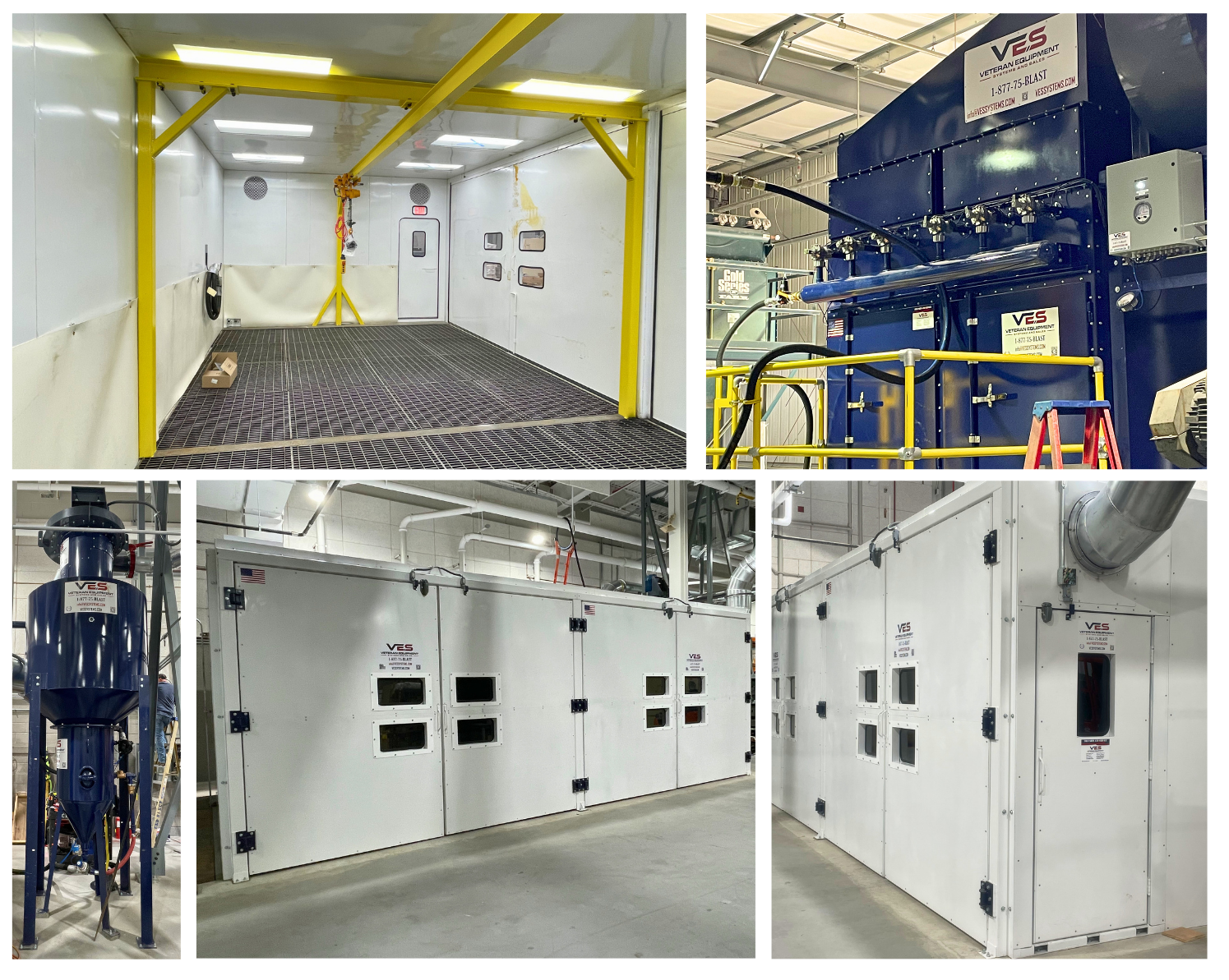 VES blast booth with grated floor recovery, personnel door, and exterior dust collection system