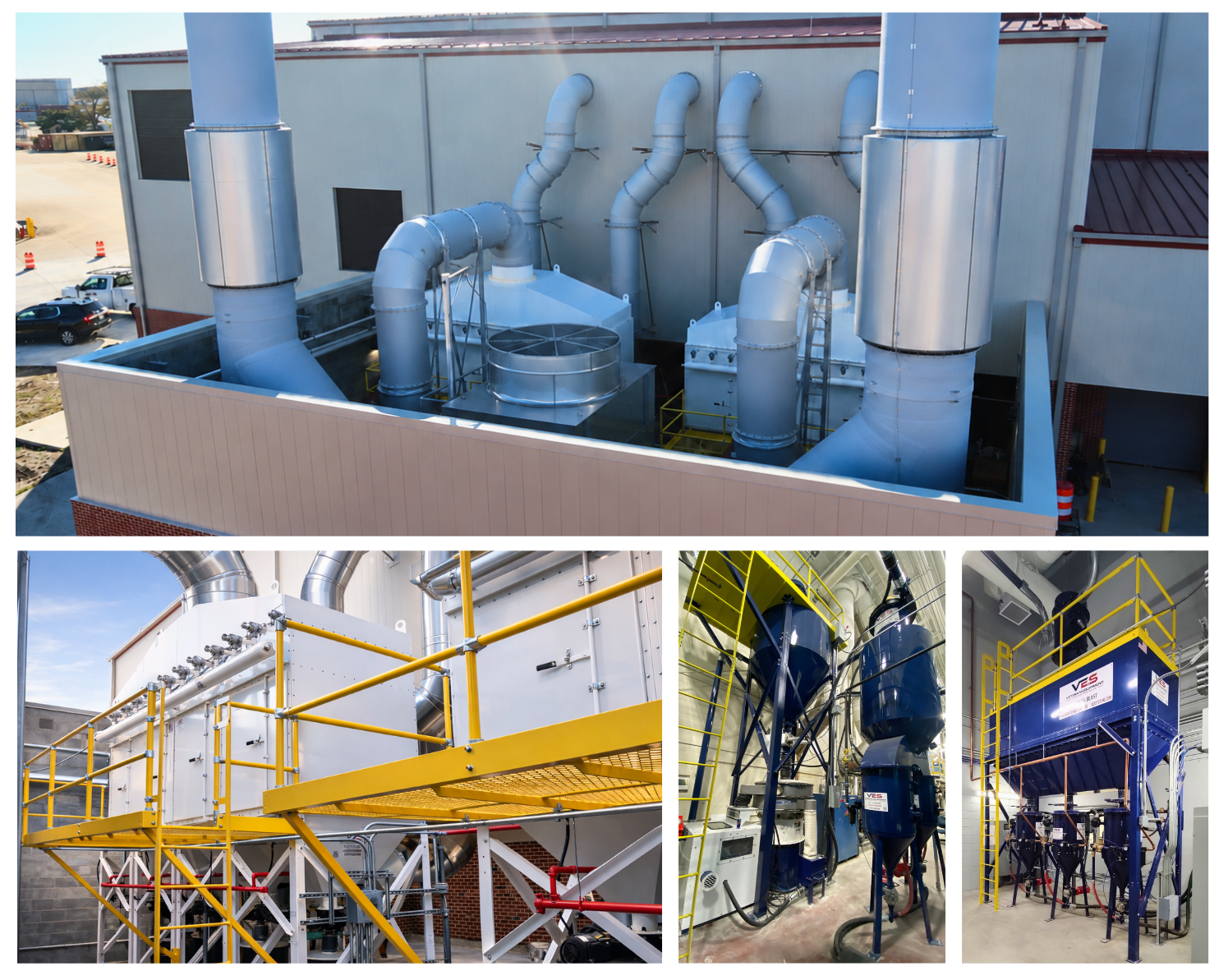 VES industrial dust collection and ventilation systems with ductwork, platforms, and media recovery equipmen