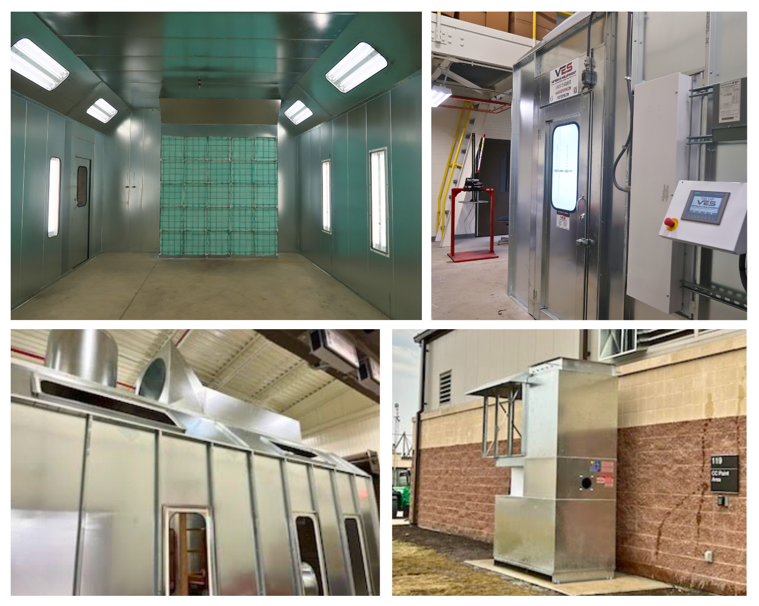 VES paint booth with intake filters, control panel, exhaust ducting, and exterior ventilation equipment