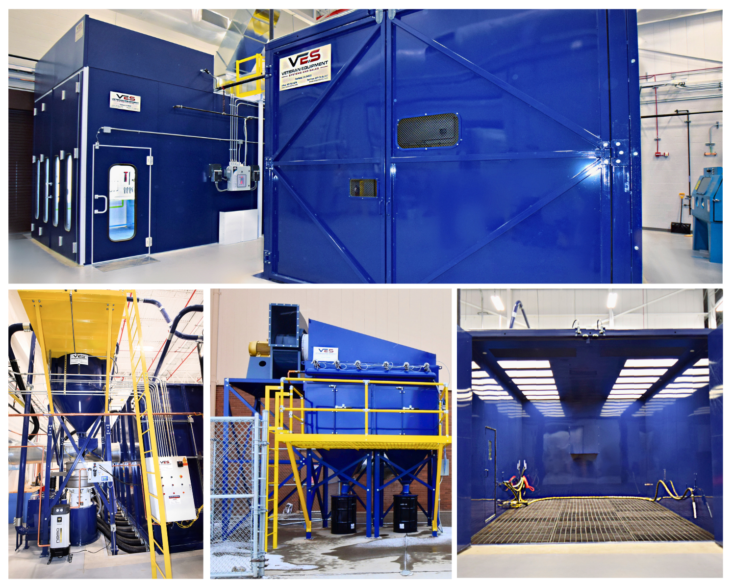 VES blue blast booth with full floor recovery, dust collector, lighting, and exterior platform