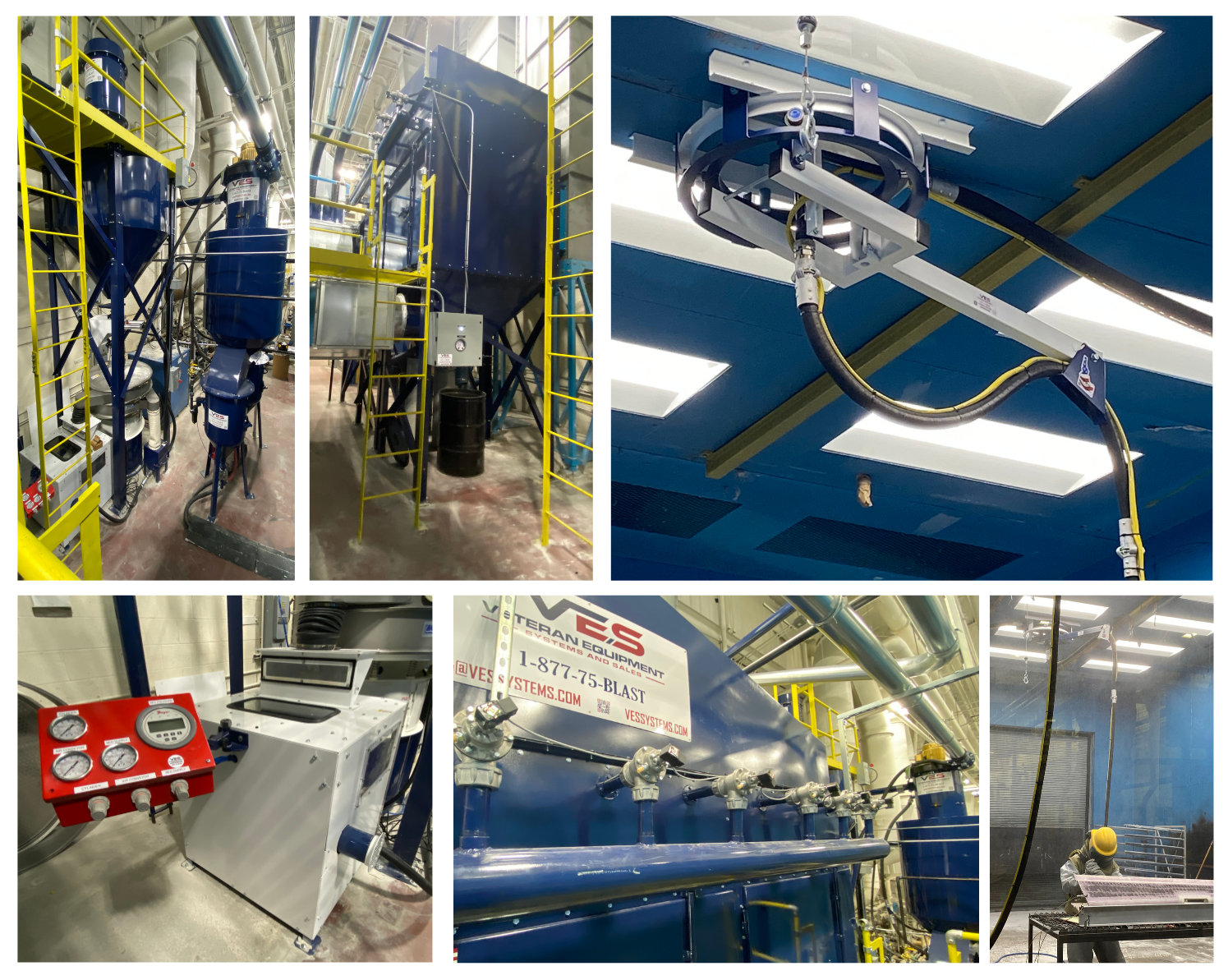 VES media recovery system, blast hose hanger, control panel, and operator blasting inside a booth
