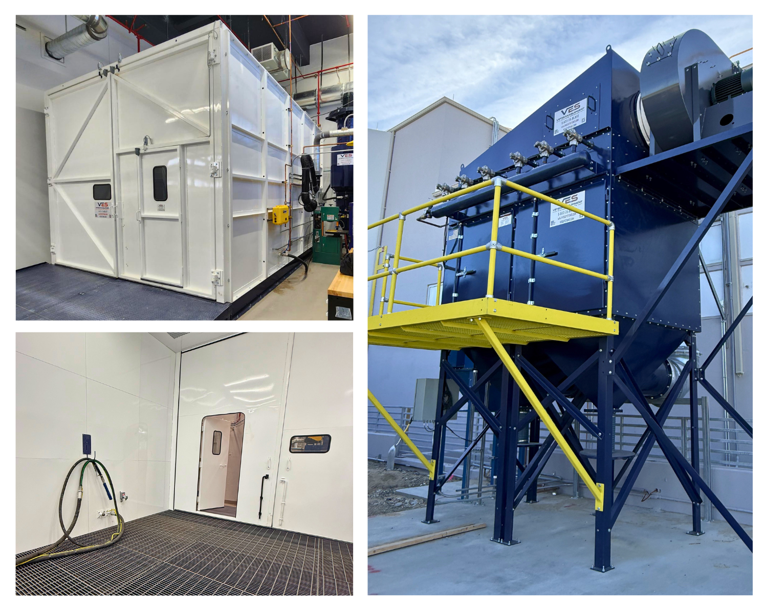 VES blast booth with grated floor recovery, personnel door, and exterior dust collection system