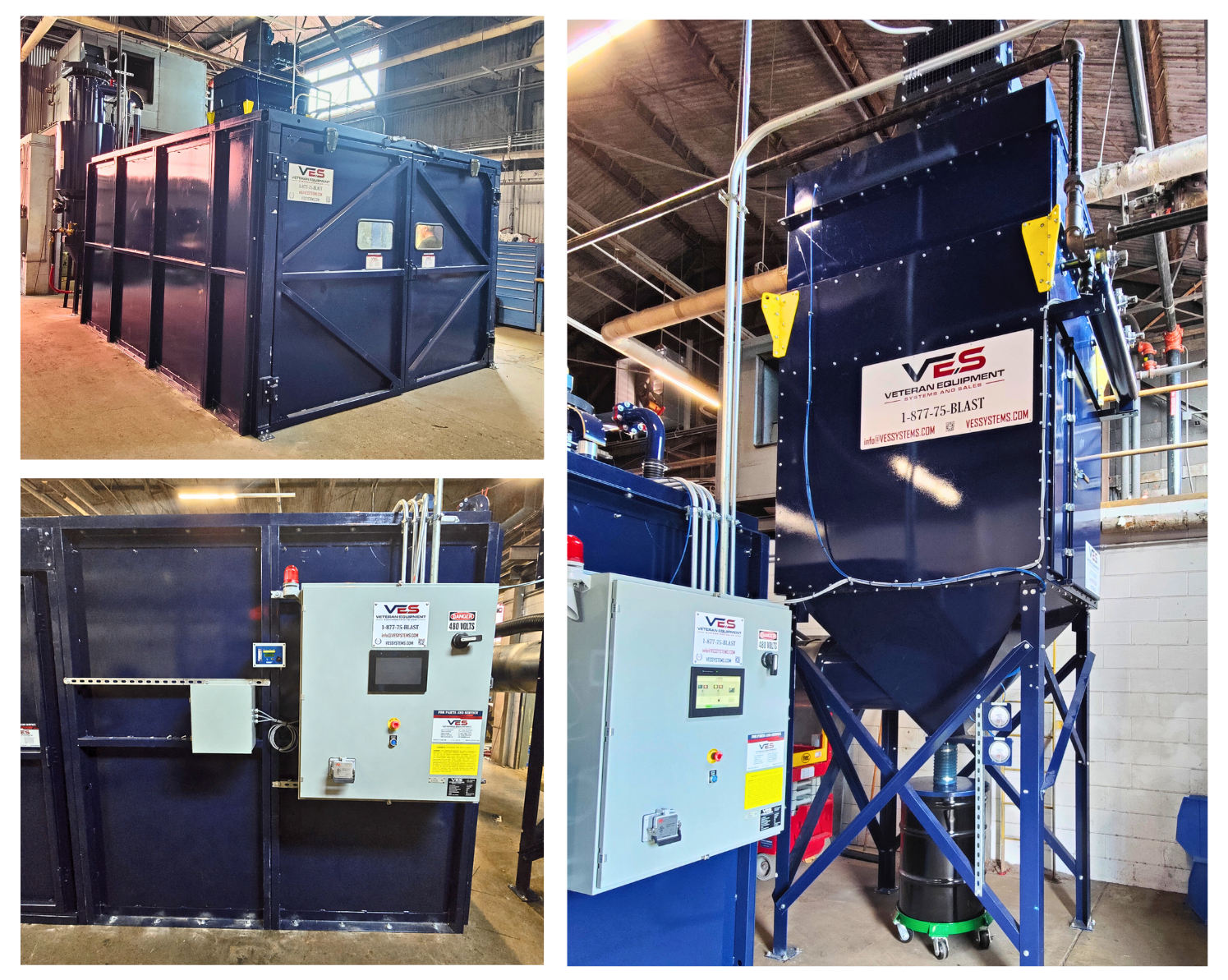 VES blast booth system with dust collector, control panel, recovery equipment, and operator hose support