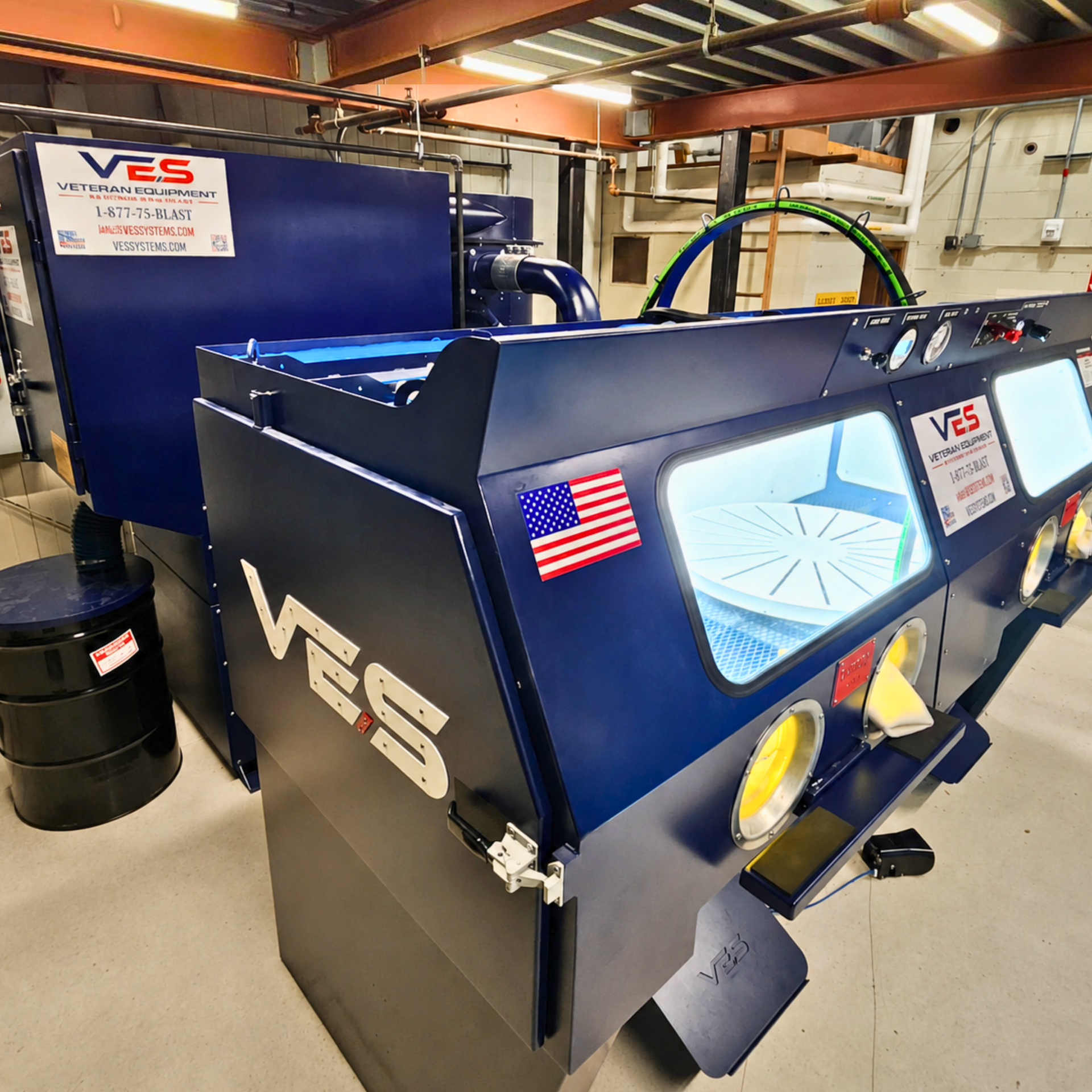 VES Raptor-120 blast cabinet with dust collector on shop floor
