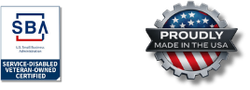 Service-Disabled Veteran-Owned Small Business certification and Proudly Made in the USA badges.