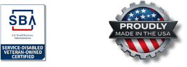 Service-Disabled Veteran-Owned Small Business certification and Proudly Made in the USA badges.