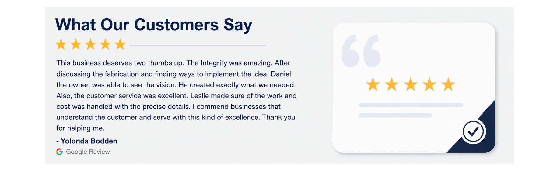 Google review from Yolonda Bodden displayed in a branded VES customer review graphic with five-star rating and quote card.
