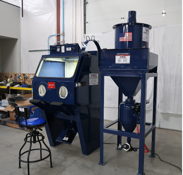 VES Viper Series compact blast cabinet with dust collector, cyclone reclaim system, and adjustable operator chair
