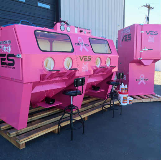 Custom pink VES Raptor Series blast cabinet and dust collector system designed for breast cancer awareness