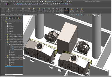 Engineering design model showing a custom industrial system layout with equipment and ductwork.
