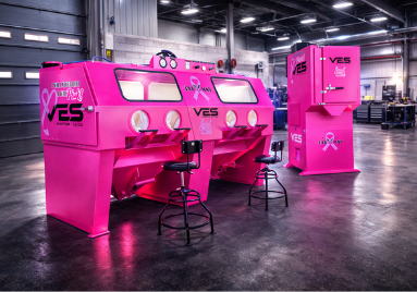 Pink VES blast cabinets with matching dust collector displayed in a shop.