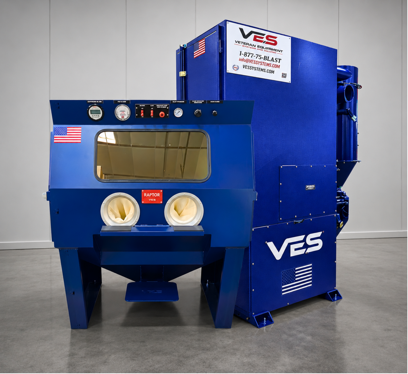 Blue VES blast cabinet and dust collector with glove ports and dust collector.