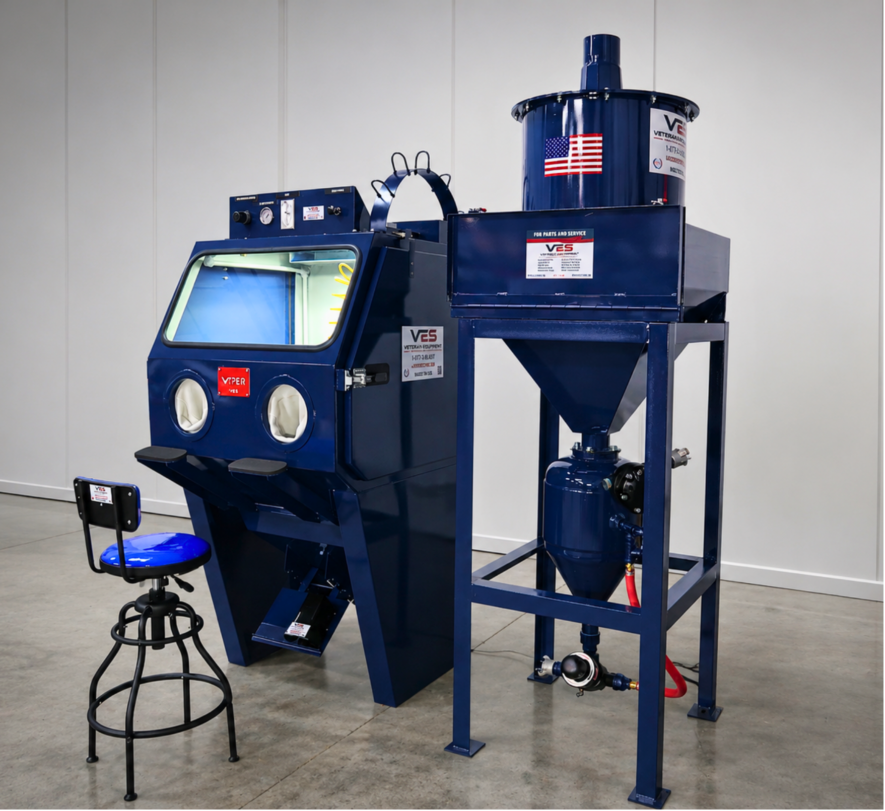Blue VES Viper blast cabinet with integrated dust collection equipment.