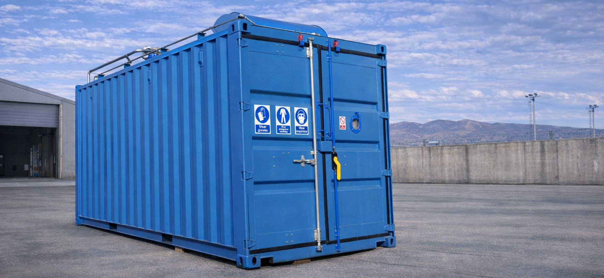 Blue VES containerized portable blast booth system sitting outside on concrete.