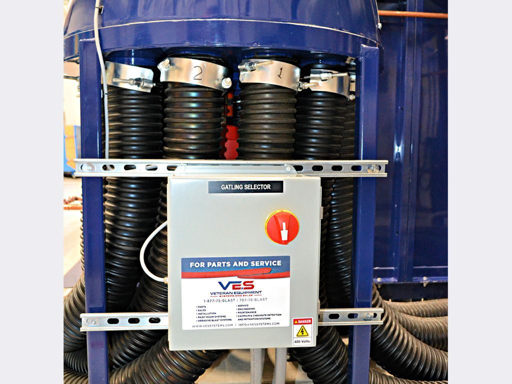 VES Pneumatic Media Recovery System with black hoses, control panel, and metal ductwork.