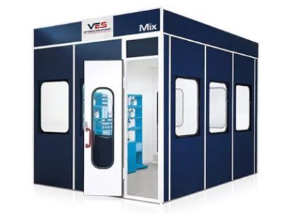 Blue VES enclosed paint mixing room with door open showing interior with a white background