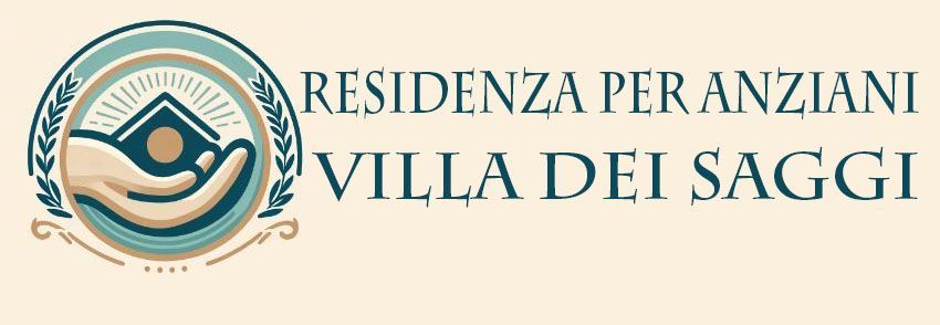 Logo for "Residenza per Anziani Villa dei Saggi," featuring a hand cradling a house symbol within a wreath.