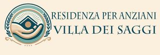 Logo for "Residenza per Anziani Villa dei Saggi," featuring a hand cradling a house symbol within a wreath.