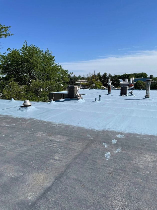 Flat white rooftop with HVAC units under a clear blue sky, bordered by green trees.