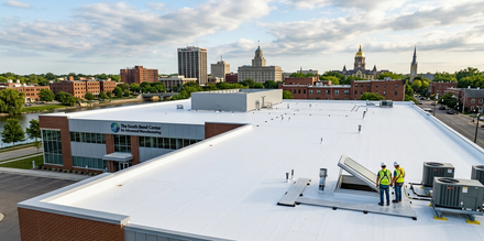 Rooftop HVAC units and workers on a large white commercial roof with city skyline in the background