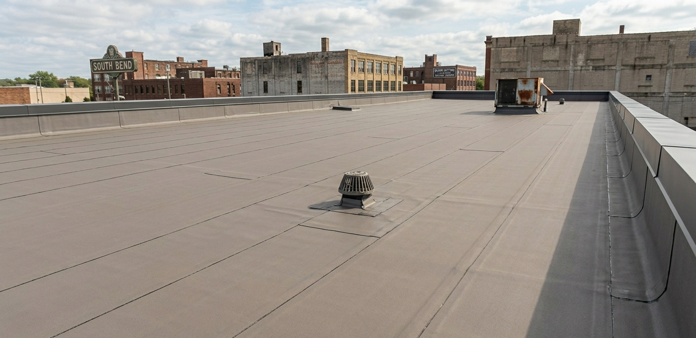 Flat rooftop with a small vent in the foreground and low buildings along the horizon under a gray sky