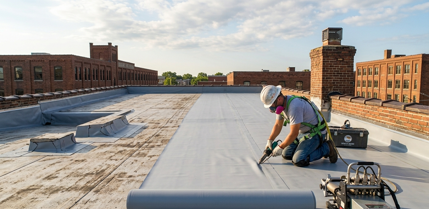 Worker installing a white rooftop membrane on a flat industrial roof with brick buildings nearby.