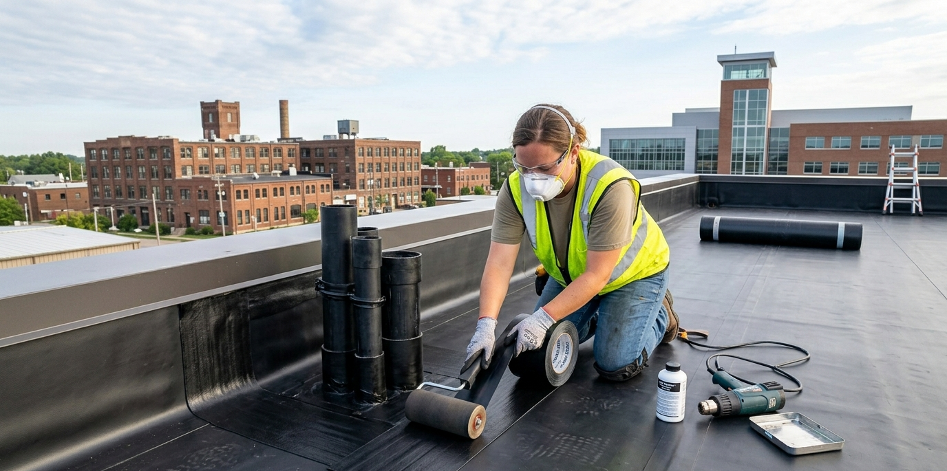 Worker in a mask and safety vest sealing a flat roof with black waterproof membrane sheets.