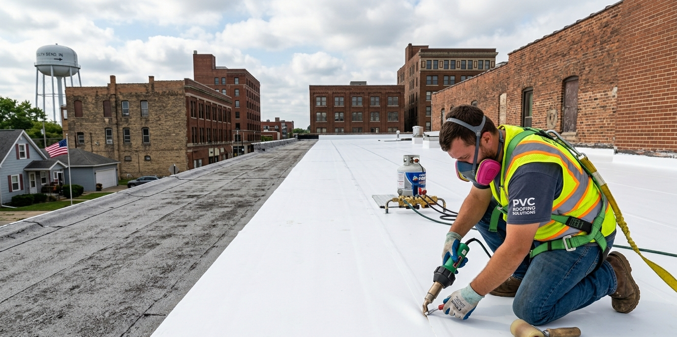 Workers installing a white roof membrane on a flat rooftop, with brick buildings in the background.