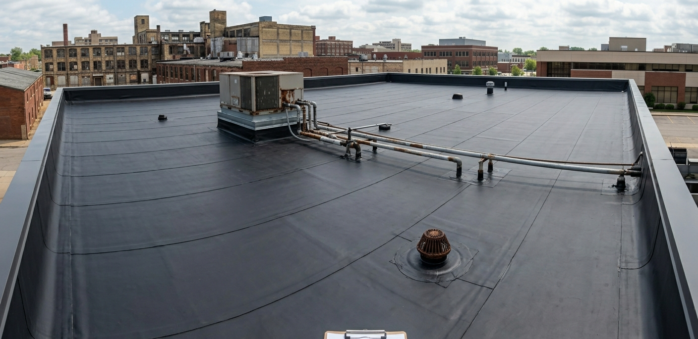 Flat black rooftop with vents and equipment, overlooking city buildings under an overcast sky