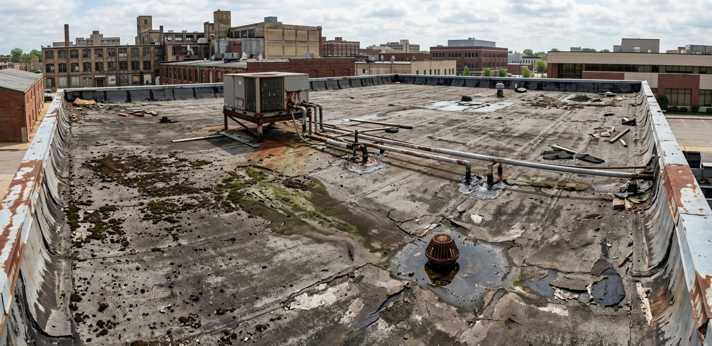 Rooftop covered in debris and weathered gravel, with city buildings in the background.